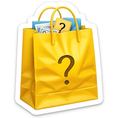 yellow goodiebag with questions mark boxes stuffed in it sticker