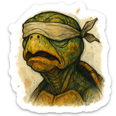 blind turtle face, expressive, creative style, imaginative, unique artistic interpretation, visually distinctive sticker