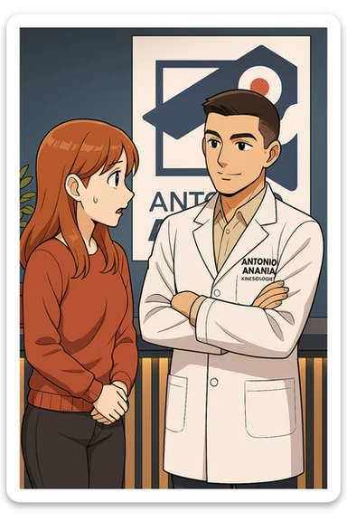 su questo stile fai un manga/webtoon a colori in cui una donna incuriosita fa una DOMANDA ALL'UOMO, l'uomo della foto in stile manga LE risponde, mantieni un ambiente simile alla foto che ho allegato con il suo logo (sarebbe il suo studio, lui è un kinesiologo), scrivigli "ANTONIO ANANIA" sul camice bianco, non mettere fumetti, ma fai in modo che sembri che la donna CHIEDA curiosa E L'UOMO le risponda sticker