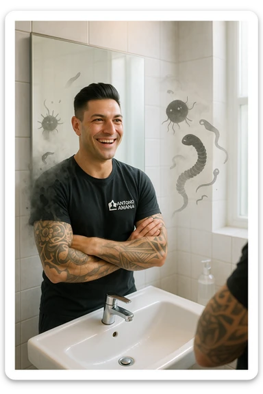 a man stands in a brightly lit bathroom, looking relieved and revitalized as he examines his reflection in the mirror. In the foreground, stylized, shadowy images of parasites (such as worms or protozoa) are shown leaving his body, dissolving into mist or fading away. His posture is upright and his expression is one of newfound energy and health. sticker