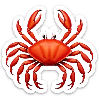 Cinematic Noble Red Crab Portrait Emoji, Poised and commanding, with a sturdy, angular exoskeleton of vivid scarlet red and sharply defined pincers, deep-set, intense eyes on stalks, Simplified yet sharp and sophisticated features, highly detailed, glowing with a soft, oceanic glow, high shine, intelligent and formidable, stylized with an air of coastal authority, focused and alert, soft glowing outline, capturing the essence of a watchful crustacean guardian that appears ready to scuttle out of the screen with determined power! sticker