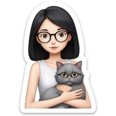 Skinny woman with oval glasses, shoulder length straight black hair, wearing white sleeveless top, hugging a grey Persian-Angora cat, plain background sticker