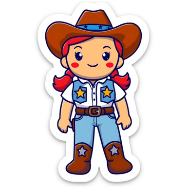 A cartoon stuffed cowgirl toy with freckles, red hair and a star-shaped badge sticker