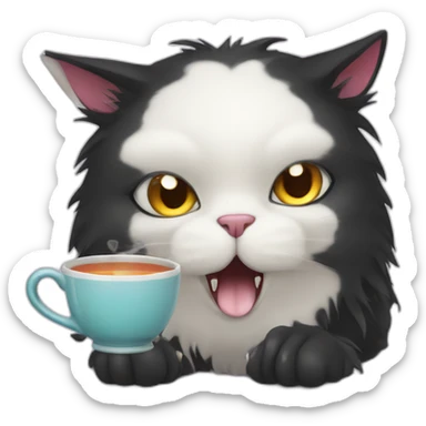 black and white monster cat drinking tea sticker
