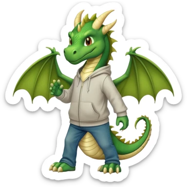 friendly anthropomorphised green dragon in a hoodie and jeans walking upright sticker