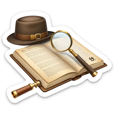 Icon for Detective Reading: an open book with text and a magnifying glass on the pages, a classic detective hat and a pipe, surrounded by clues like footprints, a revolver and a notepad. The icon should represent the mystery and intrigue of detective stories. Transparent background. sticker