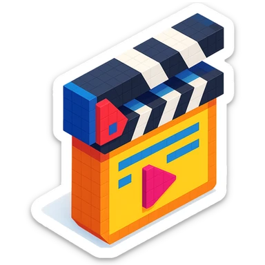 isometric view of a movie clapperboard in voxel style sticker