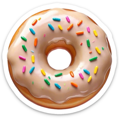 Cinematic Realistic Donut Dessert Emoji, depicted as a fluffy glazed donut with colorful sprinkles rendered with detailed textures and playful, warm lighting. sticker