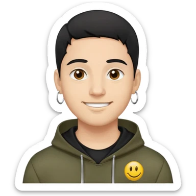 man with smiley face, black hair military cut, brown eyes, wearing 2 circle earrings and a black hoodie sticker