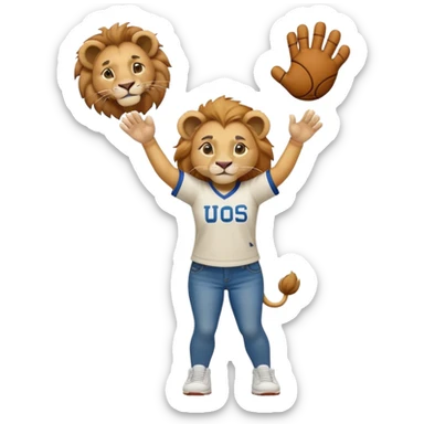 friendly anthropomorphised female lion wearing a baseball shirt, jeans, and trainers, lifting something up sticker