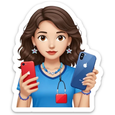 brunette girl with wavy medium length hair, brown eyes, light/medium skin tone, holding iPhone and light phone, wearing red Adidas t-shirt, small silver hoop earrings with blue gem stars, and a different colorful beaded charm necklace sticker