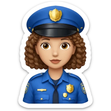 curly brown haired female police officer blue uniform and hat sticker