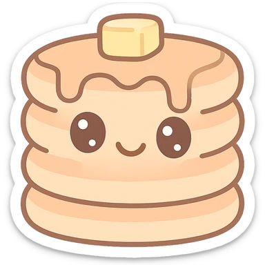 kawaii style pancake stack, cute face, syrup and butter, pastel colors, joyful and friendly sticker