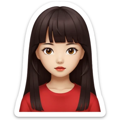Korean girl, red top, black brown hair, brown eyes, long hair, cool girl, aesthetic, long hair, hime cut, blunt bangs sticker