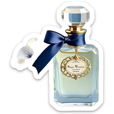 gainst a powdery blue silk backdrop, a vintage crystal perfume bottle with delicate gold filigree detailing catches the soft glow of the morning light. A silken ivory ribbon, loosely tied around its slender neck, cascades onto the fabric, creating soft folds. Scattered around the bottle, pale blue and creamy white pansies rest gently, their petals carrying hints of pearl-like shimmer. A few stray petals, kissed by the golden light, add a touch of delicate imperfection, evoking a sense of quiet romance. sticker