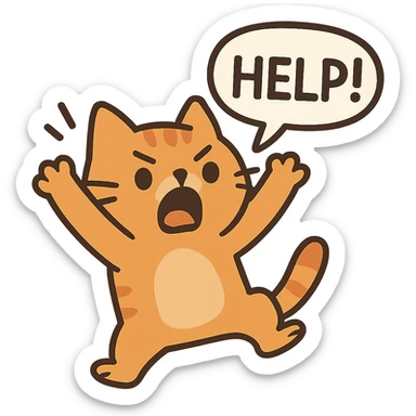 flat toon style cute cat, arms up, shouting 'Help!' with dynamic pose sticker