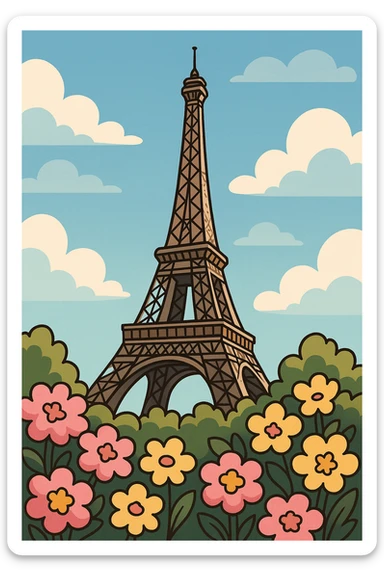 whimsical cartoon style of the Eiffel Tower with lush bushes of pink and yellow flowers at the base sticker