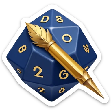 A golden quill crossing with a d20 that has no marks or numbers
Color: Gold and deep navy blue sticker