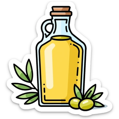 Olive oil bottle with olives beside it sticker