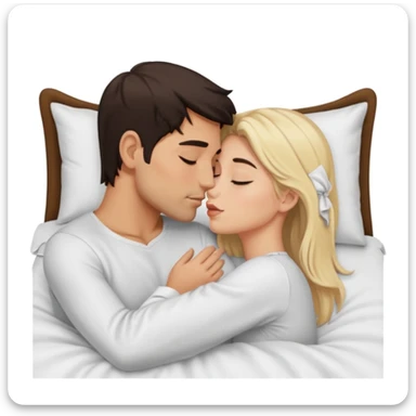 Naked man, dark Hair, kissing naked blonde Woman, bed,  sticker