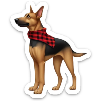 75% Coonhound 25% German Shepherd mix dog wearing small pointed red buffalo plaid bandana pointing down side view full body facing left sticker