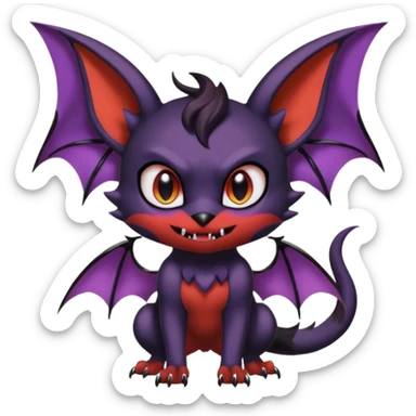 Shiny Dark epic cute cool demonic batty vampiric beautiful edgy pretty aesthetic Noibat-Litten-Fakémon-Pokémon-Digimon-creature with bat-ears-wings and a pointy imp-tail and fangs sticker