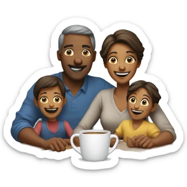 An emoji of a family—mother, father, and child—sitting at a table, playing a cup game with paper cups arranged on the table as they have fun together sticker