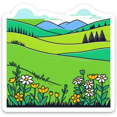 a lush green meadow with wildflowers, cartoonish sticker style sticker