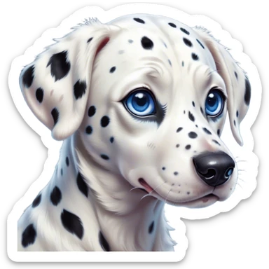 Cinematic Cute Spotted Dalmatian Portrait Emoji, Head tilted playfully and inquisitively, featuring a glossy Fur of predominantly white with dynamic black patches, round, sparkling blue eyes filled with gentle curiosity, Simplified yet irresistibly adorable features, highly detailed, glowing with a warm, friendly glow, high shine, affectionate and gentle, stylized with a touch of whimsy, bright and endearing, soft glowing outline, capturing the essence of a mischievous yet loving pup, so playful it feels like it could lumber out of the screen and into your arms! sticker