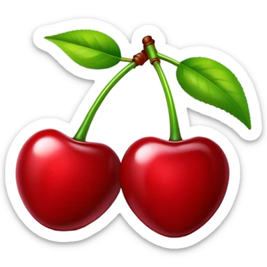 Pair of glossy red cherries with green stem, fruit sticker