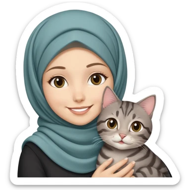 White girl wearing hijab smiling while holding a black grey tabby cat sticker