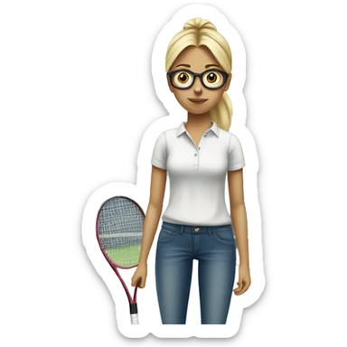 blond and white tall german girl wearing jeans and normal clothes. She wear glasses and her hair with a bun.  She holds a tennis racket at hand and she look scared sticker