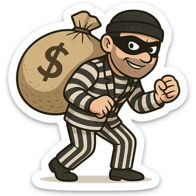 A thief with a bag of money on his back, wearing a striped suit and a black eye mask sticker