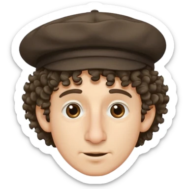 a guy with a huge nose short stringy curly hair and a small hat sticker