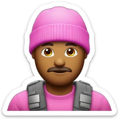 A man with a pink beanie having his armes crossed like a x sticker