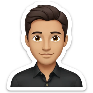 Attractive man in his 40s with youthful appearance, light brown skin, elongated face, defined jawline, handsome features, medium dark eyes, arched eyebrows, straight nose, confident smile, medium wavy dark hair, wearing a formal black button-up shirt sticker