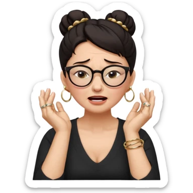  middle aged woman with dark hair pulled up in a high bun, wearing round ring earrings and glasses with a very painful expression on her face, eyes squeeed shut, wincing in pain,covering her ears with her hands, trying to not hear a terrible singer who is too loud and out of tune.  sticker