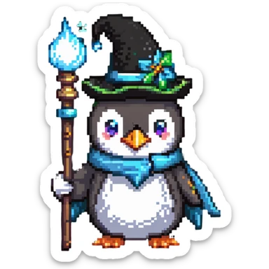 penguin wizard with a pointy hat and magic staff sticker