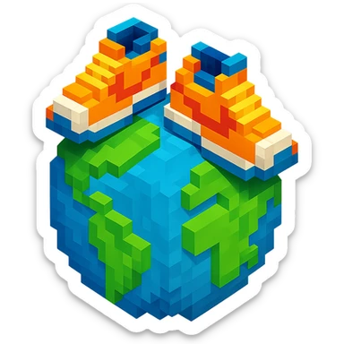 isometric view of Earth globe with a pair of Nike Cortez sneakers walking on top, voxel style sticker