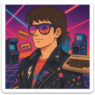 80s retro-futurism male portrait with mullet haircut with neon blue tips, airbrushed sunglasses with pink-purple gradient and palm/sunset reflection, leather jacket with lightning, cosmic, and Memphis Design patterns, neon gradient background with perspective grid, laser beams, cassettes, arcade games, Commodore 64, MTV-era palette sticker
