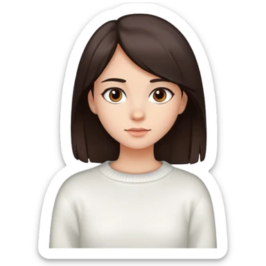 девушка со светлой кожей, темно-карими глазами, прямыми темно-коричневыми волосами до плеч, в белой кофте sticker