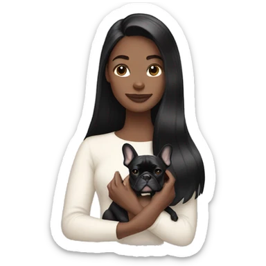  white girl with long black hair holding cream colored french bulldog  sticker