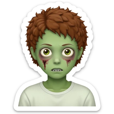  green teen zombie with  brown short curly hair and brown eyes wearing a white sweat sticker