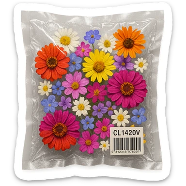 variety of small flowers in different colors, glossy, vacuum-sealed style sticker