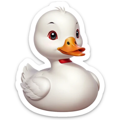Cinematic Cute White Duck Portrait Emoji, Head tilted playfully and inquisitively, featuring a glossy, immaculate white plumage with a charming red bill, round, sparkling eyes filled with curiosity, Simplified yet irresistibly adorable features, highly detailed, glowing with a warm, friendly glow, high shine, affectionate and lively, stylized with a touch of whimsical charm, bright and endearing, soft glowing outline, capturing the essence of a mischievous yet loving duck, so playful it feels like it could waddle out of the screen and into your arms! sticker