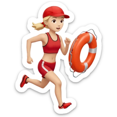 Female lifeguard – red cap, running along shore with rescue buoy sticker