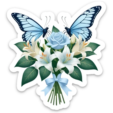 A classic bouquet of pale blue roses, delicate white lilies, and trailing jasmine, tied together with an embroidered ivory ribbon. A butterfly with lace-like wings hovers nearby, casting a soft, intricate shadow over the bouquet. sticker