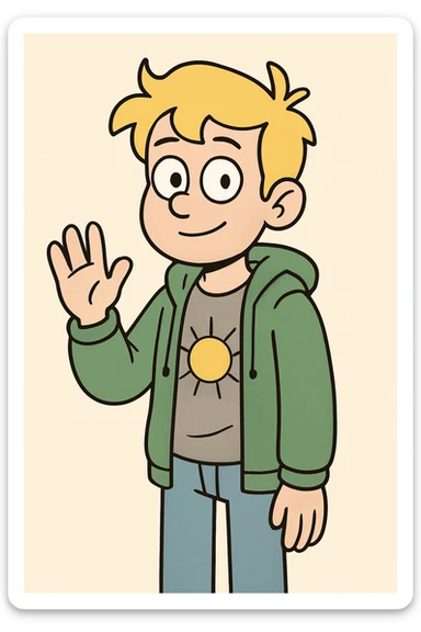 A boy yellow hair grey t-shirt yellow sun green hoodie lights blue jeans a hand hello  sticker