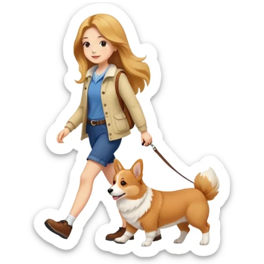 A long-haired girl walking a corgi sticker