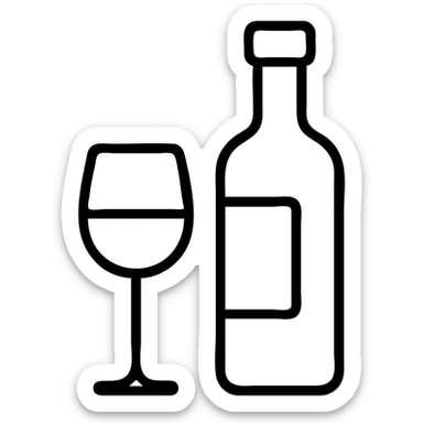 minimalist outline icon of a glass of wine and a wine bottle, white color only sticker